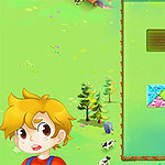 Chłopiec z blond włosami na tle zielonego krajobrazu z drzewami i krowami, obok plansza z kolorowymi puzzlami w drewnianym obramowaniu