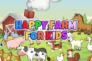 Kolorowy napis HAPPY FARM FOR KIDS na tle wiejskiego krajobrazu z różnymi zwierzętami gospodarskimi, stodołą i drzewami