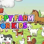 Kolorowy napis HAPPY FARM FOR KIDS na tle wiejskiego krajobrazu z różnymi zwierzętami gospodarskimi, stodołą i drzewami