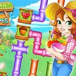 Kobieta w kapeluszu trzymająca warzywa, pies oraz różnokolorowe rury z owocami na tle wiejskiego krajobrazu