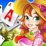 Dziewczyna w kapeluszu trzymająca warzywa na tle kart do gry lecących w powietrzu, z krajobrazem lasu i gór w tle