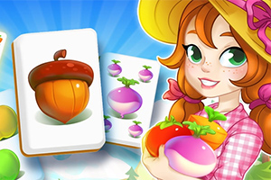 Dziewczyna w kapeluszu z zadowoloną miną trzyma w rękach kolorowe warzywa, obok karty z przedstawieniem żołędzia i rzepy