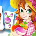 Dziewczyna w kapeluszu z zadowoloną miną trzyma w rękach kolorowe warzywa, obok karty z przedstawieniem żołędzia i rzepy