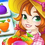 Młoda dziewczyna w kapeluszu trzymająca owoce i warzywa na tle kafelków z obrazkami śliwek i marchewek