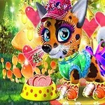 Kolorowy rysunek zwierzątka z dużymi oczami, ubranego w zielony sweterek i ozdobionego kapeluszem, stojącego obok miski jedzenia na tle bajkowego lasu z grzybami