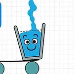 Szklanka z uśmiechniętą buzią na wózku, do której nalewana jest niebieska ciecz, na tle kratki z numerem 2 w lewym górnym rogu