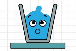 Niebieska kropla wody z oczami i ustami w kształcie zaskoczenia znajduje się wewnątrz naczynia na kratkowanym tle