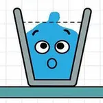 Niebieska kropla wody z oczami i ustami w kształcie zaskoczenia znajduje się wewnątrz naczynia na kratkowanym tle