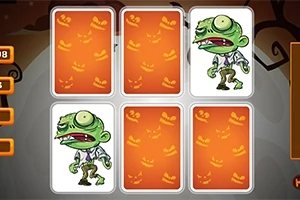 Zielony zombie z dużymi oczami i rozczochranymi ubraniami na tle kart z dyniowymi wzorami