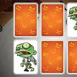 Zielony zombie z dużymi oczami i rozczochranymi ubraniami na tle kart z dyniowymi wzorami