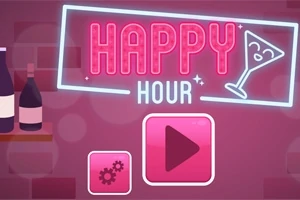 Różowy neonowy napis Happy Hour z kieliszkiem koktajlowym, butelki na półce i różowe ikony na ceglanej ścianie