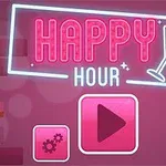 Różowy neonowy napis Happy Hour z kieliszkiem koktajlowym, butelki na półce i różowe ikony na ceglanej ścianie