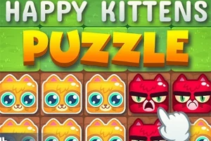 Kolorowe, kreskówkowe kotki z różnymi wyrazami pyska ułożone w siatce z napisem Happy Kittens Puzzle