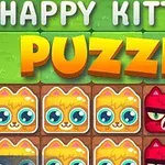Kolorowe, kreskówkowe kotki z różnymi wyrazami pyska ułożone w siatce z napisem Happy Kittens Puzzle
