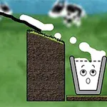 Biały płyn wlewa się do naczynia z namalowaną twarzą, znajdującego się na zielonym tle z rozmytymi kształtami w tle