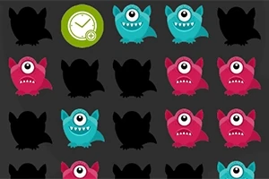 Kolorowe potwory z jednym okiem w rzędach na czarnym tle, z zieloną ikoną zegara