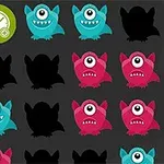 Kolorowe potwory z jednym okiem w rzędach na czarnym tle, z zieloną ikoną zegara