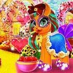 Kolorowy kucyk w bajecznej scenerii z dużymi oczami, kwiatami i misą czerwonych jabłek na pierwszym planie