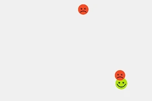 Trzy emotikony na białym tle: dwie czerwone smutne twarze i jedna zielona uśmiechnięta twarz