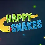 Kolorowe uśmiechnięte węże na ciemnym tle z napisem Happy Snakes otoczonym małymi, świecącymi punktami