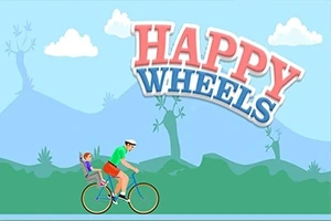 Happy Wheels Mężczyzna z dzieckiem na rowerze i duży napis HAPPY WHEELS na tle krajobrazu z drzewami i niebem
