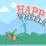 Happy Wheels Mężczyzna z dzieckiem na rowerze i duży napis HAPPY WHEELS na tle krajobrazu z drzewami i niebem