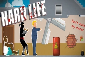 Na obrazku znajdują się postacie w ruchu, w tym ninja i mężczyzna w garniturze, w industrialnym otoczeniu z czerwonym beczką i napisem Dont make my mistake