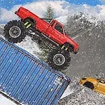 Czerwony monster truck pokonuje niebieski kontener, a obok stoi żółty samochód na zaśnieżonym terenie w górach