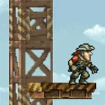 Postać w hełmie stoi na drewnianej platformie przed rusztowaniem na tle błękitnego nieba z chmurami