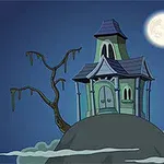 Nawiedzony dom na wzgórzu z drzewem bez liści, nietoperzami na tle pełni księżyca