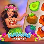 Kobieta w hawajskim stroju wskazująca na planszę z kolorowymi owocami i kwiatami oraz dużą białą rękę przesuwającą czerwony kwiat