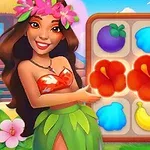 Postać kobiety w kolorowym stroju hawajskim wskazuje na planszę z różnymi ikonami owoców i kwiatów