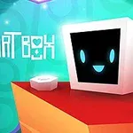 Uśmiechający się, biały sześcian z czarnym ekranem i niebieskimi oczami na czerwonym tle z napisem HEART BOX