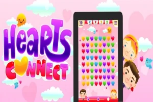 Kolorowe serca na ekranie urządzenia mobilnego z dziećmi patrzącymi zza tabletka i napisem Hearts Connect na różowym tle