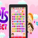 Kolorowe serca na ekranie urządzenia mobilnego z dziećmi patrzącymi zza tabletka i napisem Hearts Connect na różowym tle