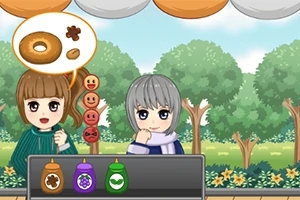 Dwie postacie w stylu anime stoją przy ladzie z trzema butelkami sosów, na tle zielonego parku; jedna z nich myśli o bajglu