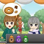 Dwie postacie w stylu anime stoją przy ladzie z trzema butelkami sosów, na tle zielonego parku; jedna z nich myśli o bajglu