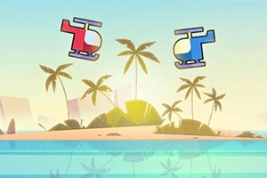 Dwa kreskówkowe helikoptery w kolorach czerwonym i niebieskim unoszą się nad tropikalną wyspą z palmami, na tle jasnego nieba i morza