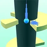 Niebieska kulka spadająca w dół spiralnej wieży z żółtymi platformami