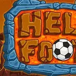 Kamienna tablica z napisem Hell Footy w stylu lawy, z piłką nożną i czaszką na pomarańczowym tle