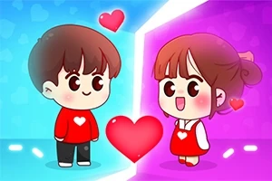 Dwoje kreskówkowych dzieci stojących naprzeciw siebie z serduszkami wokół, na tle podzielonym na niebieską i różową część