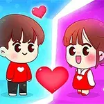 Dwoje kreskówkowych dzieci stojących naprzeciw siebie z serduszkami wokół, na tle podzielonym na niebieską i różową część