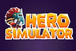Napis HERO SIMULATOR w stylu kreskówkowym na ciemnym tle z hełmem wojownika po lewej stronie