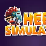 Napis HERO SIMULATOR w stylu kreskówkowym na ciemnym tle z hełmem wojownika po lewej stronie