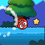 Czerwona kulka z uśmiechem skacze obok drzewa nad niebieską rzeką, zbierając złotą gwiazdkę na tle góry