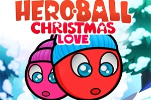 Czerwone kulki z niebieską i fioletową czapką na tle lasu w zimowej scenerii z napisem Heroball Christmas Love