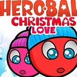 Czerwone kulki z niebieską i fioletową czapką na tle lasu w zimowej scenerii z napisem Heroball Christmas Love