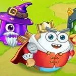 Trzy kolorowe postacie z uroczymi, kreskówkowymi oczami: fioletowy czarodziej, biały król z koroną i zielony wojownik w hełmie