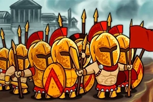 Grupa rysunkowych wojowników w złotych hełmach i pancerzach, z włóczniami i tarczami, trzymających czerwone flagi, na tle antycznych budowli