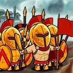 Grupa rysunkowych wojowników w złotych hełmach i pancerzach, z włóczniami i tarczami, trzymających czerwone flagi, na tle antycznych budowli